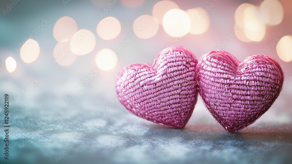 Obraz premium Two shiny metallic pink hearts on a dreamy, colorful bokeh background with floating hearts.