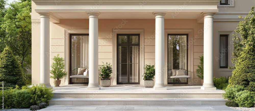 Fototapeta premium Elegant home entrance with classic patio design featuring columns and surrounding greenery ideal for promotional text placement.