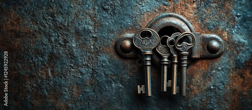 Keys in keyhole on textured metal background symbolizing security and forgotten access to locked spaces