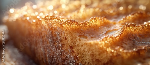 Close-up of textured bread crust showcasing intricate details and natural mold growth under soft sunlight. photo