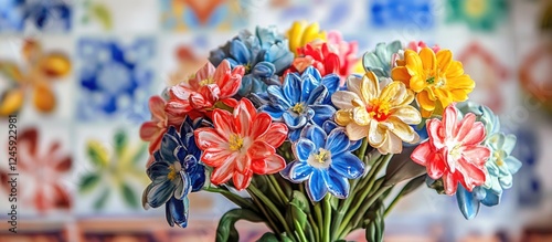 Colorful artificial flowers in a vase against a backdrop of traditional Portuguese azulejos in Algarve, highlighting cultural heritage and artistry.
