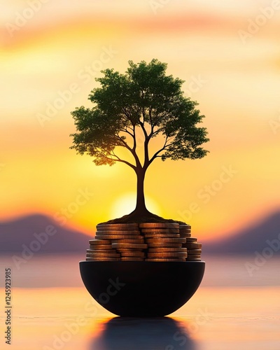 Tree growing from coins with sunset backdrop.