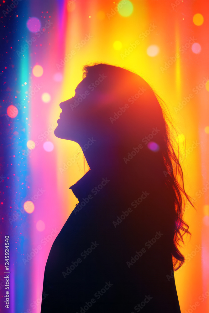 Φωτογραφία A luminous sun halo behind a womanâ€™s silhouette, with colorful flares drifting