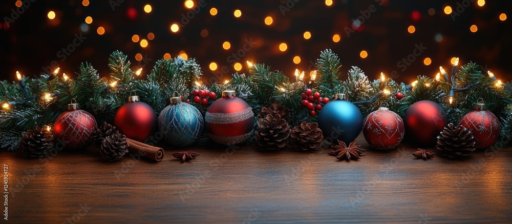 Festive Christmas decorations with sparkling lights pinecones and colorful ornaments creating a warm holiday ambiance on a wooden surface Festive Christmas decorations with sparkling lights pinecones and colorful ornaments creating a warm holiday ambiance on a wooden surface