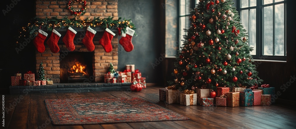 Cozy living room featuring a festive Christmas tree adorned with decorations, surrounded by beautifully wrapped gifts and stockings by the fireplace. Cozy living room featuring a festive Christmas tree adorned with decorations, surrounded by beautifully wrapped gifts and stockings by the fireplace.