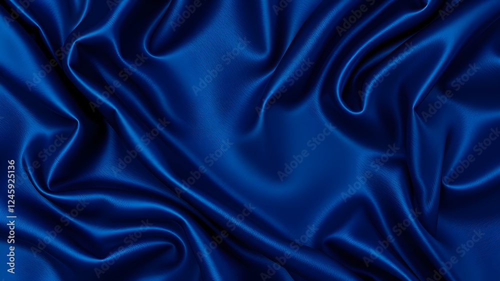 Fototapeta premium Beautiful dark blue silk satin background. Soft folds on shiny fabric. Luxury background with copy space for text, design. Web banner. Flat lay, top view table.Birthday, Christmas, Generative AI