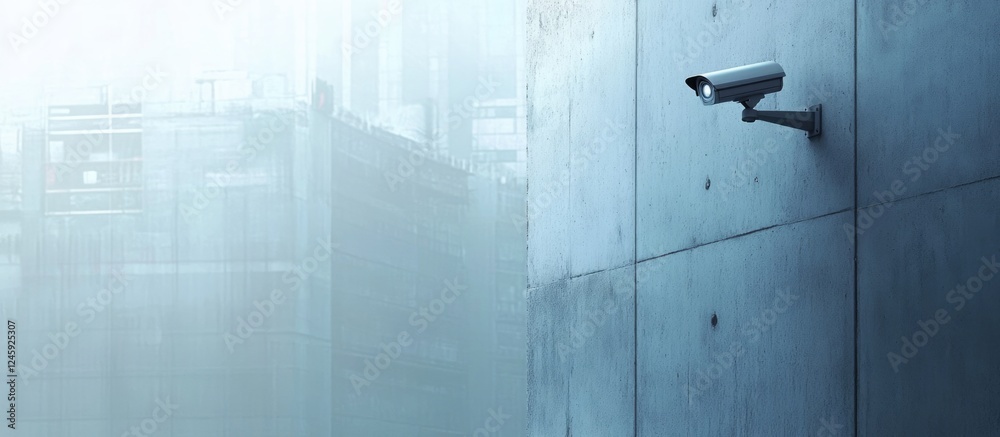 CCTV security camera on urban wall with modern buildings in background and empty text space for surveillance technology concepts CCTV security camera on urban wall with modern buildings in background and empty text space for surveillance technology concepts