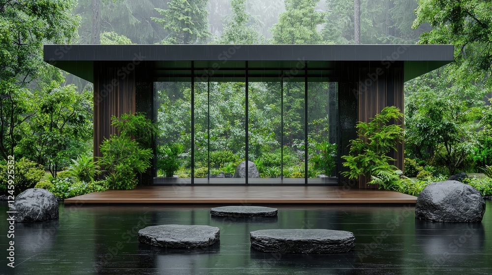 Naklejka premium Modern pavilion, forest setting, zen garden, rain, tranquility, spa retreat