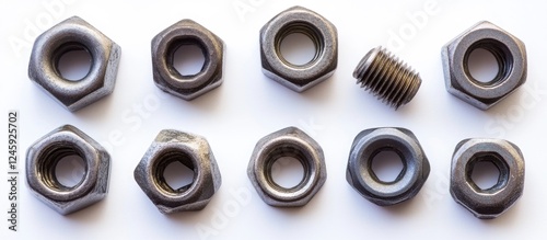 Heavy hex nuts and female screw nuts arranged on a white background with copy space for fastener and hardware related designs.