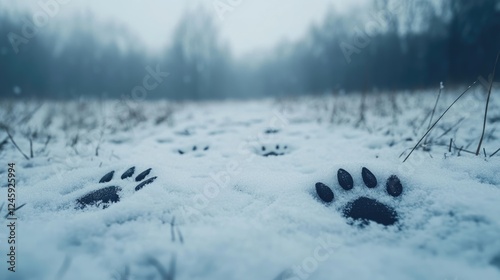 Animal tracks in fresh snow creating a serene winter landscape with ample copy space for text or branding messaging in the foreground. photo