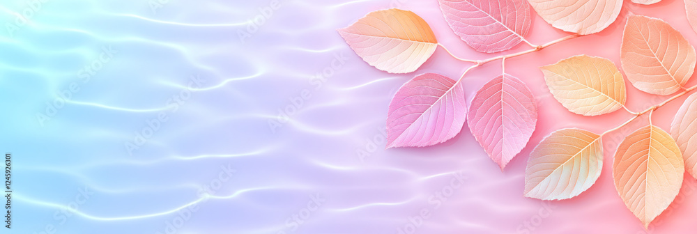 Obraz premium A close-up of delicate leaves framed by pastel ripples and a warm glow, allowing a dreamy softness