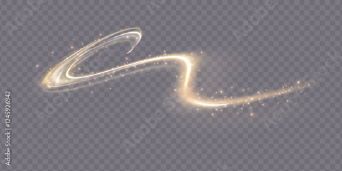 Curved golden lines light effect. Light bright Twirl. High-speed light energy effect for game characters action on transparent PNG background