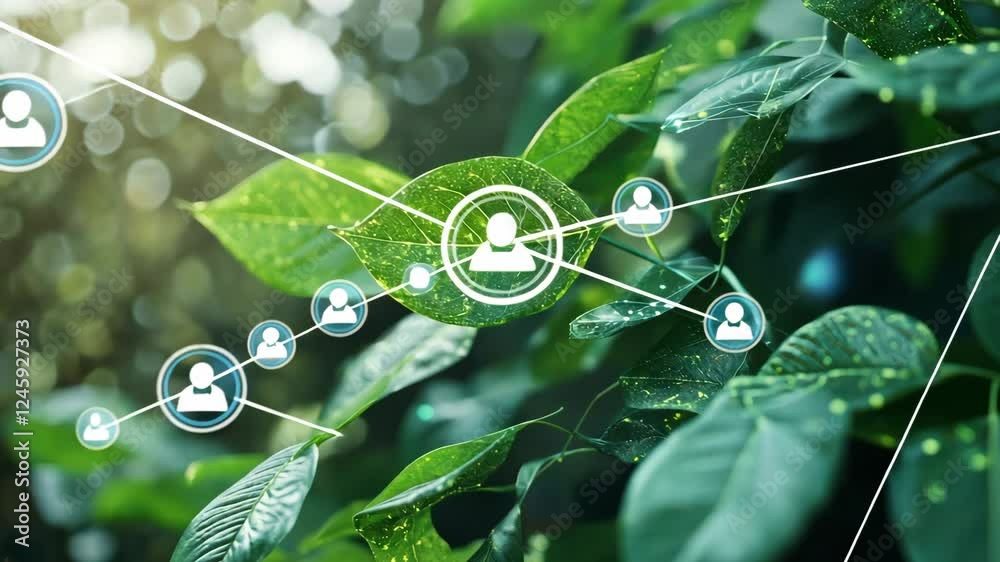 Digital network connections among green leaves in a lush natural setting