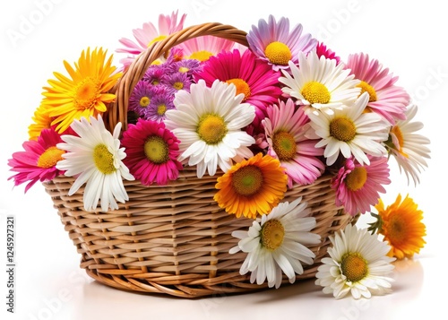 A vibrant panoramic view showcases a colorful daisy bouquet, artfully arranged in a wicker basket.