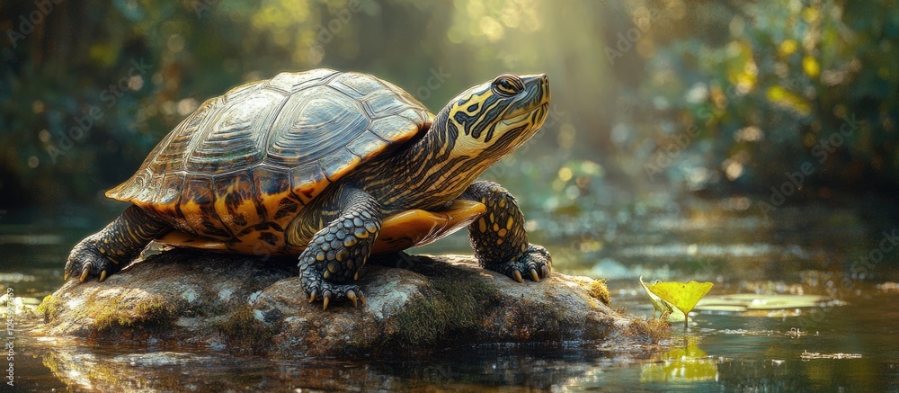 Caspian turtle Mauremys caspica basking on a rock in a serene pond with sunlight filtering through trees in a lush natural environment Caspian turtle Mauremys caspica basking on a rock in a serene pond with sunlight filtering through trees in a lush natural environment