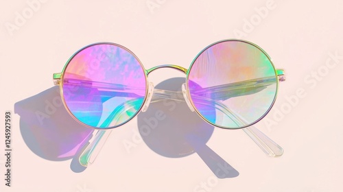 Pair of round sunglasses with a gold frame and clear lenses. the lenses are tinted with a rainbow-colored iridescent pattern, creating a holographic effect. photo