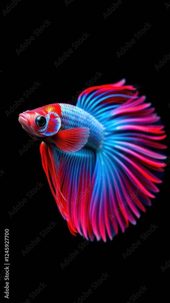 Vibrant betta fish gracefully swimming with flowing fins in striking blue and red hues against a dark background Vibrant betta fish gracefully swimming with flowing fins in striking blue and red hues against a dark background