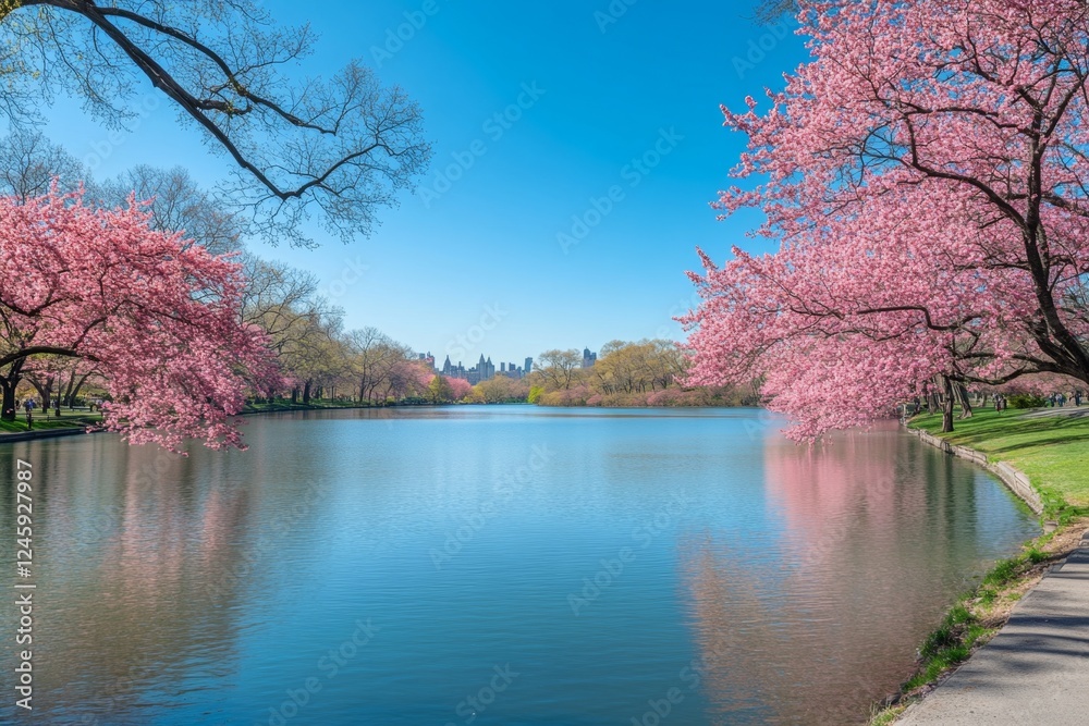 Spring blossoms frame Central Park lake, city skyline Spring blossoms frame Central Park lake, city skyline