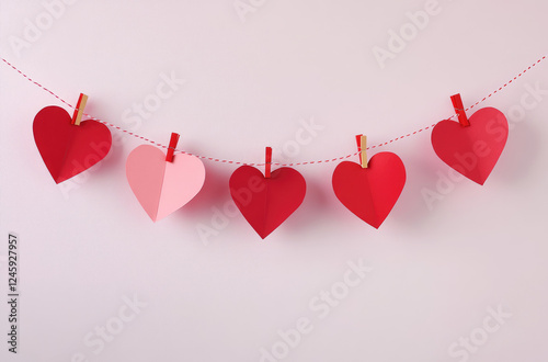 A cute Valentine's Day-themed garland of red paper hearts hanging on a clothesline