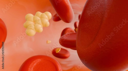 3D animation of uric acid molecules and red blood cells inside of blood vessel. Hyperuricemia occurs when there is too much uric acid in the blood.