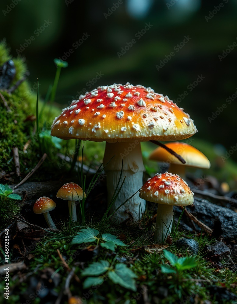 Vibrant red and orange mushrooms grow among lush green vegetation in a forest setting Vibrant red and orange mushrooms grow among lush green vegetation in a forest setting