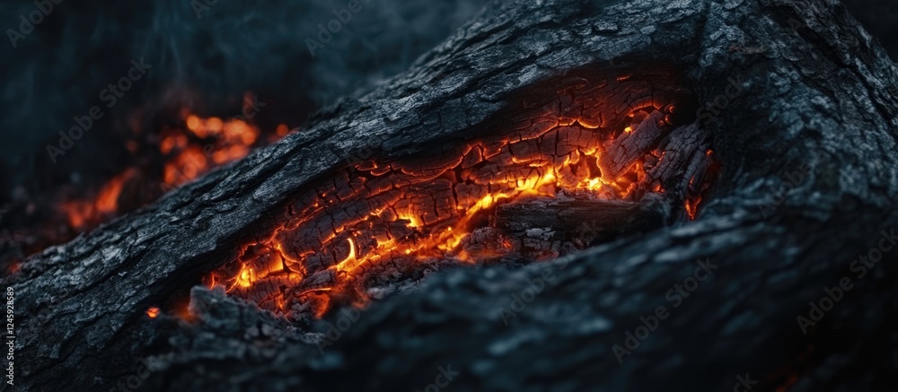 Close-up of smoldering flames on dark log in fireplace creating a cozy atmosphere with space for text and vibrant orange hues of burning wood Close-up of smoldering flames on dark log in fireplace creating a cozy atmosphere with space for text and vibrant orange hues of burning wood