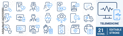 Telemedicine web line icon set. Digital healthcare. Remote health diagnosis. Editable stroke. Vector illustration