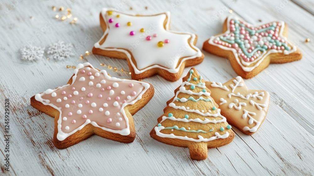 Gingerbread Christmas Cookies in Star and Tree Shapes with Colorful Icing and Sugar Beads on Rustic Wooden Background for Text Space Gingerbread Christmas Cookies in Star and Tree Shapes with Colorful Icing and Sugar Beads on Rustic Wooden Background for Text Space