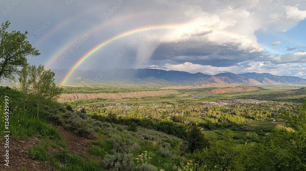 Double Rainbow Over Mountain Valley Landscape With Lush Greenery and Clouds Double Rainbow Over Mountain Valley Landscape With Lush Greenery and Clouds