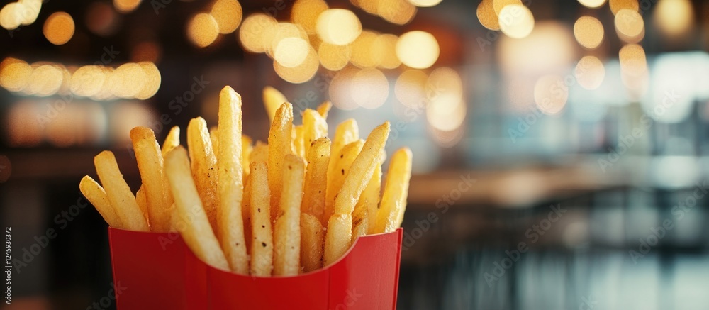 Fresh French fries in red container with light salt and pepper seasoning against a blurred restaurant background with warm bokeh lights. Fresh French fries in red container with light salt and pepper seasoning against a blurred restaurant background with warm bokeh lights.