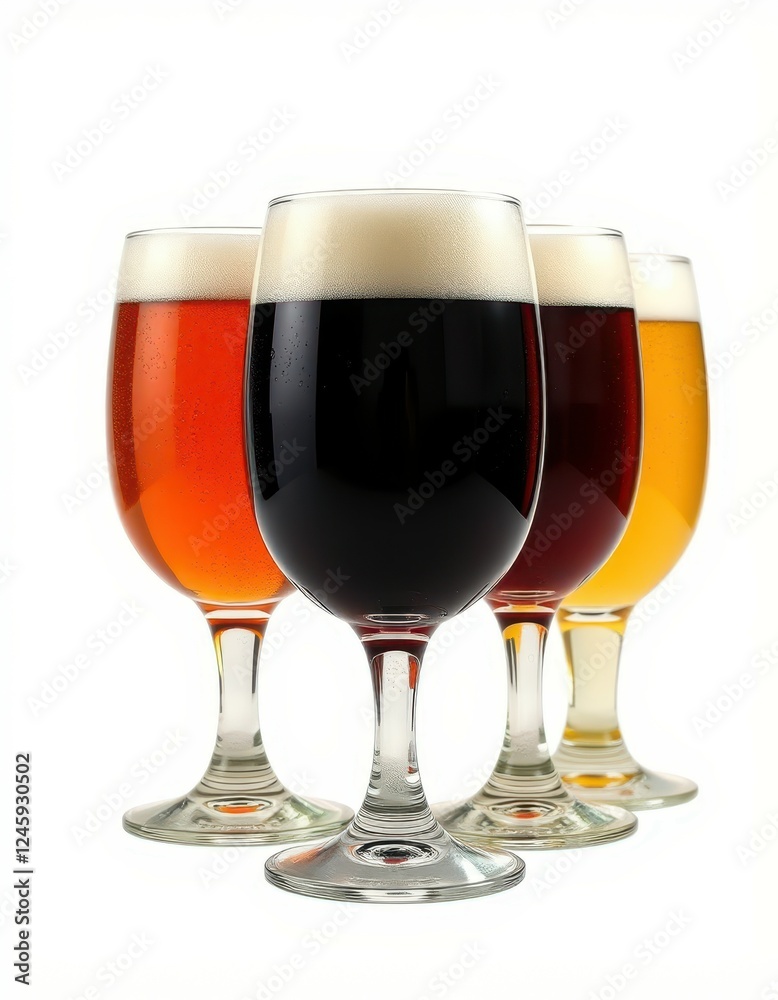 A row of four stemmed glasses filled with different types of beer are arranged against a bright white backdrop A row of four stemmed glasses filled with different types of beer are arranged against a bright white backdrop