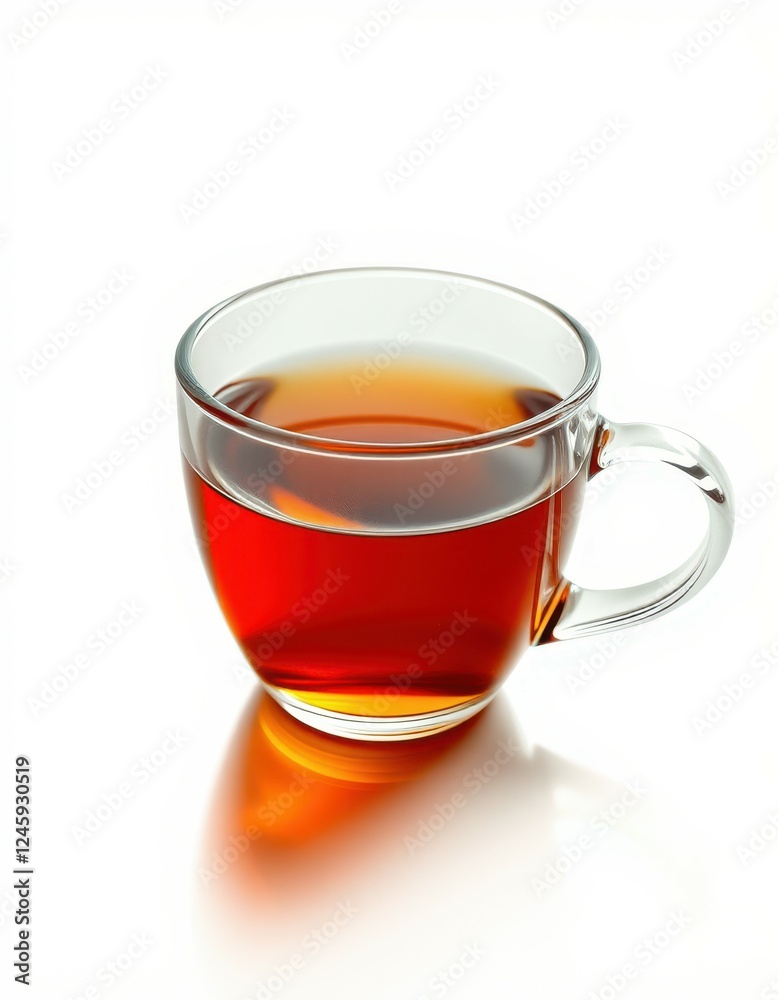 Warm cup of tea resting on a reflective surface highlighting its rich amber color and clear glass design in a cozy, inviting setting Warm cup of tea resting on a reflective surface highlighting its rich amber color and clear glass design in a cozy, inviting setting