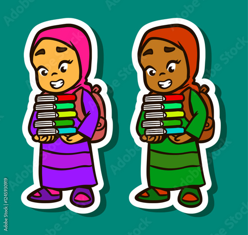 Sticker Illustration of a Muslim Girl Cartoon Character