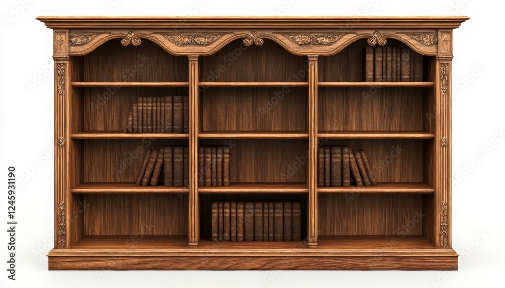 Elegant Wooden Bookshelf with Ornate Design in a Studio Setting, Perfect for Enhancing Interior Decoration and Aesthetic Appeal