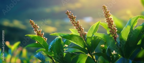 Close-up of blooming Bitter Dock plant Rumex obtusifolius showcasing vibrant green leaves and intricate flower spikes in natural light. photo