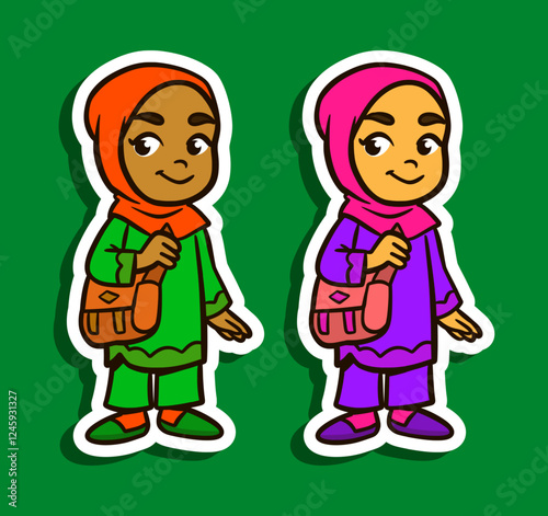 Sticker Illustration of a Muslim Girl Cartoon Character