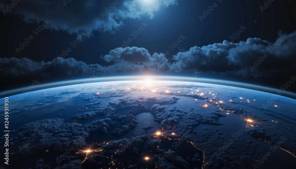 Glowing Earth from high orbit beneath clouds, cosmic beauty Glowing Earth from high orbit beneath clouds, cosmic beauty