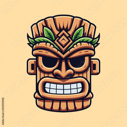 Hawaiian mask of tiki god. Tiki tribal wooden mask with leaves, vector illustration, isolated background