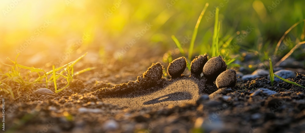 Obraz premium Close-up of a dog's paw print in the dirt surrounded by grass on a sunny day showcasing nature and pet exploration themes
