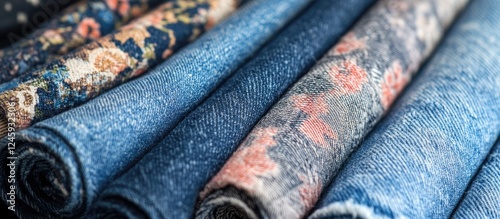 Denim fabric rolls showcasing various textures and patterns suitable for fashion and textile design backgrounds.