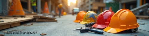 Hard hats and tools scattered on a construction site , industry, site