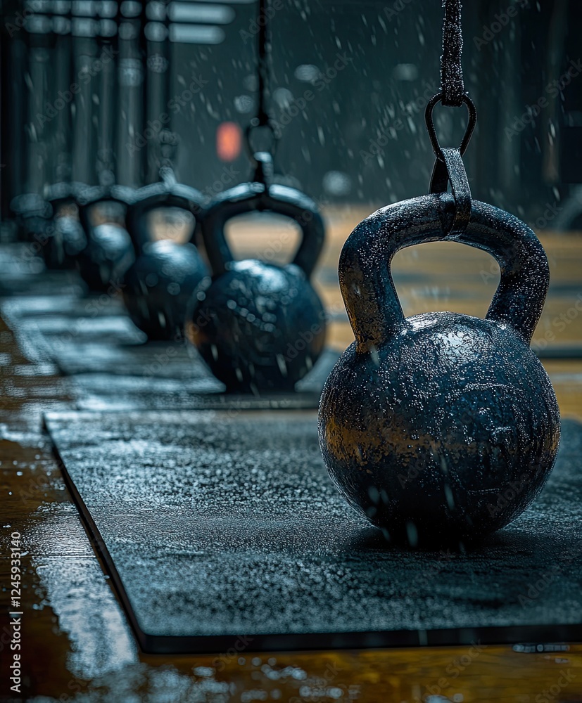 Fototapeta premium Close up of Sweaty Kettlebells on Mat in Industrial Gym Setting