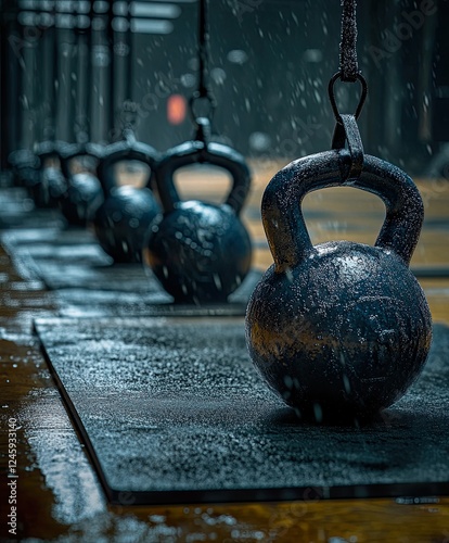 Close up of Sweaty Kettlebells on Mat in Industrial Gym Setting photo