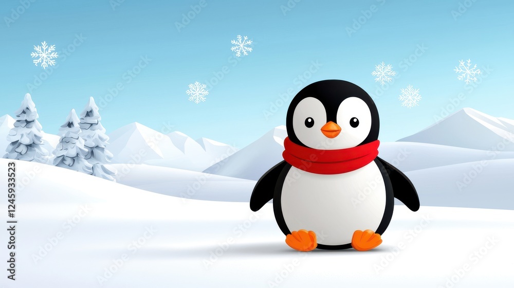 Fototapeta premium Cute Pixel Art Penguin in Snowy Winter Landscape