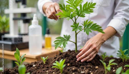 Expert nurturing rare plant species in botanical research facility, plant care