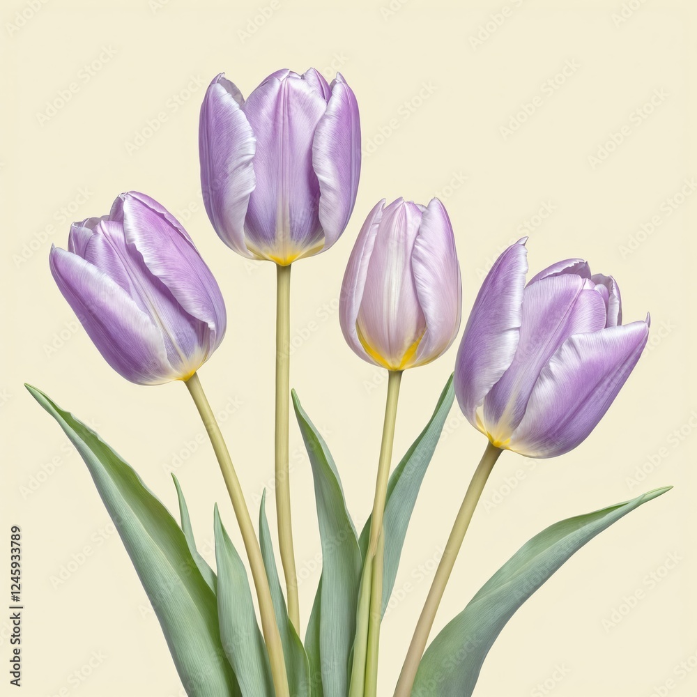 Four purple and white tulips with green leaves on beige background Four purple and white tulips with green leaves on beige background
