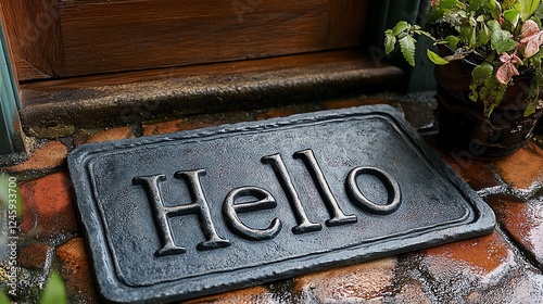 A close-up of a welcome mat with the word 'Hello' engraved on it photo