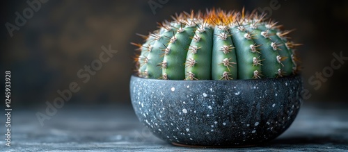 Elegant cactus in a textured black pot against a dark background showcasing its unique spines and vibrant green color. Ideal for decor themes. photo