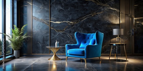 Luxurious Modern Interior: Blue Velvet Chair, Black Marble & Gold Accents - Drone Photography photo