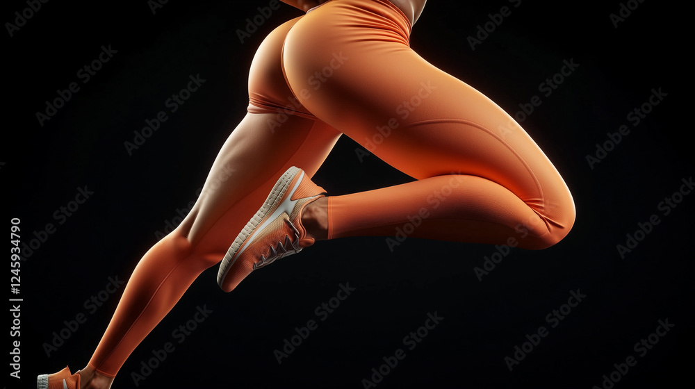 Obraz premium Empowered and stylish athletic woman in pink sport leggings and modern activewear, dynamically posed in front of a vibrant orange background with high contrast and rich texture, embodying fitness